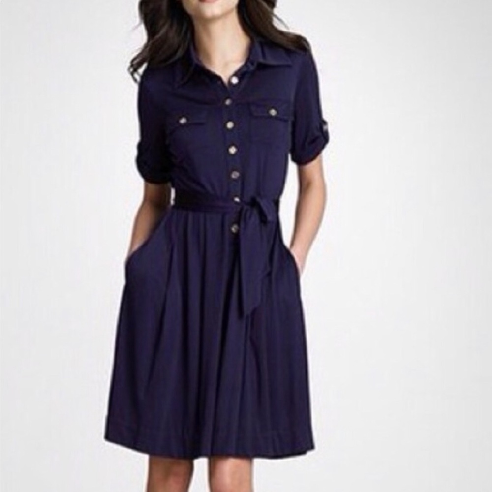Tory Burch shirt dress navy w brown leather belt 8